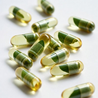 Herbal capsules on white surface