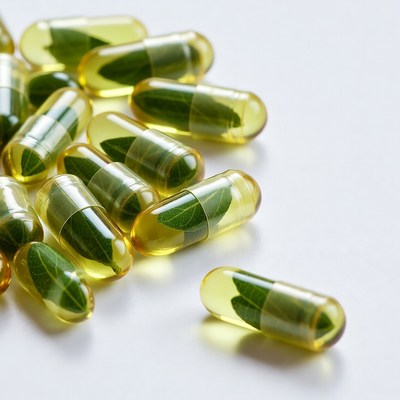 Herbal capsules on a white surface