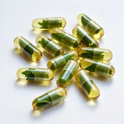 Green herbal capsules on white surface