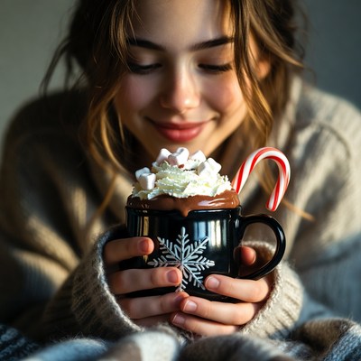 Enjoying hot chocolate by the fire