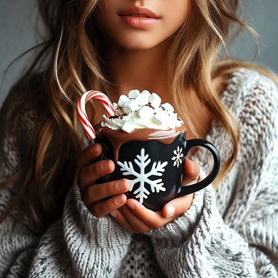 Holding hot chocolate with candy cane