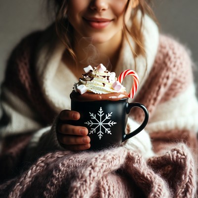 Enjoying hot chocolate in winter