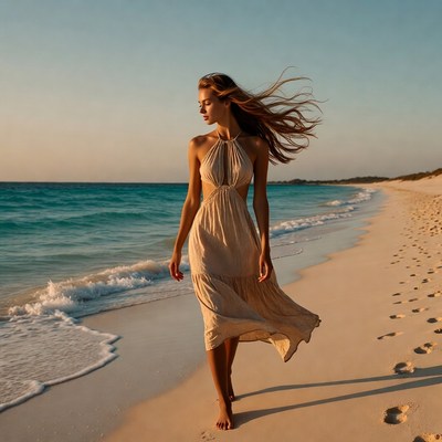 Woman walking on beach at sunset