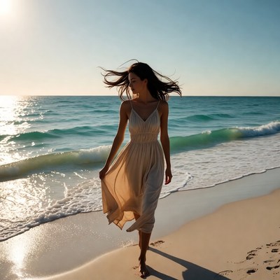 Woman walks along the beach at sunset