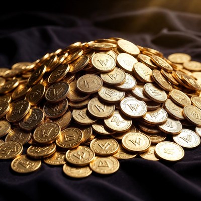 Gold coins stacked on dark fabric