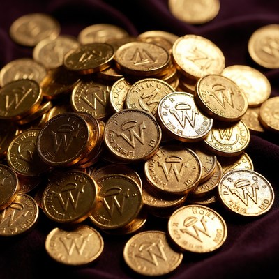 Pile of shiny gold coins on fabric