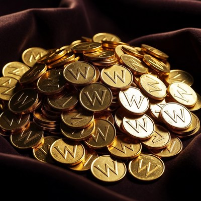 Golden coins with letter w scattered on fabric