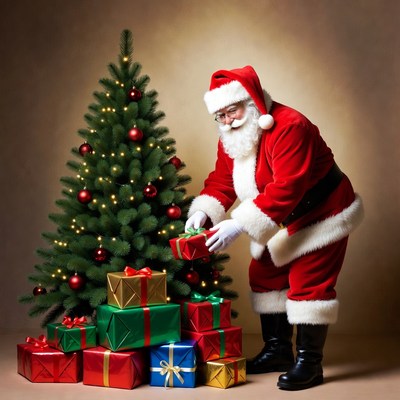 Santa placing gifts by tree