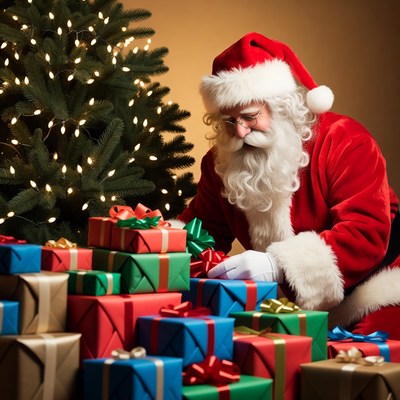 Santa wrapping gifts by a tree