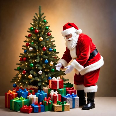 Santa prepares gifts under tree