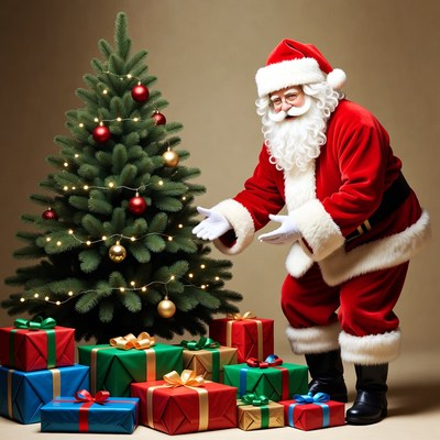 Santa claus with gifts near christmas tree