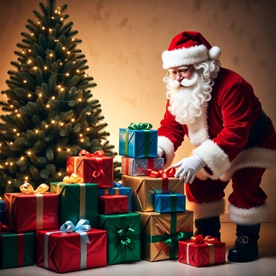 Santa arranging gifts by the christmas tree
