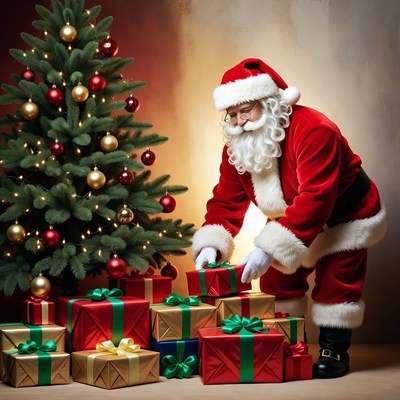 Santa places gifts under tree
