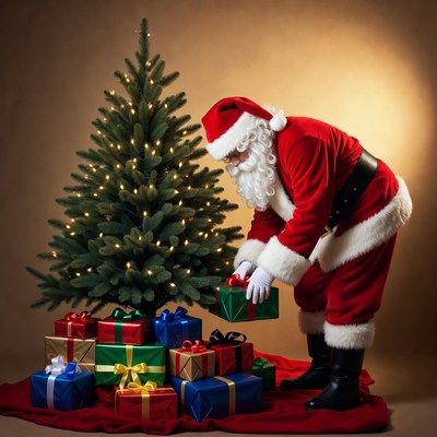 Santa sets gifts under the tree
