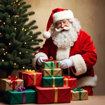 Santa preparing gifts by christmas tree