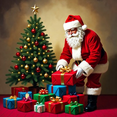 Santa arranging gifts by the tree