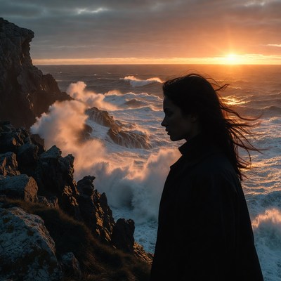 Woman at sunset by the ocean