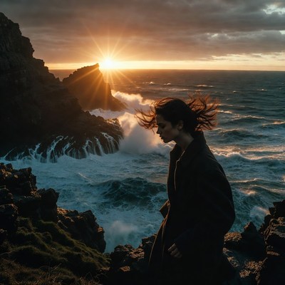 Sunset by the rocky coastline