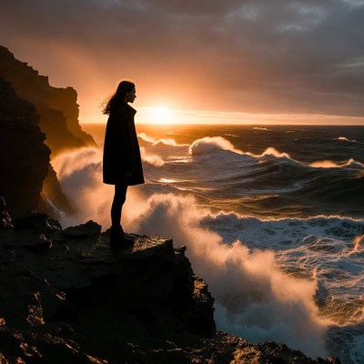 Watching waves at sunset near the coast
