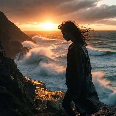 Woman stands by ocean at sunset