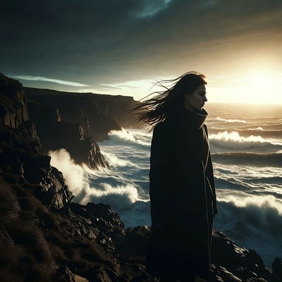 Woman on cliff at sunset