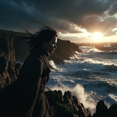 Woman on cliff during sunset
