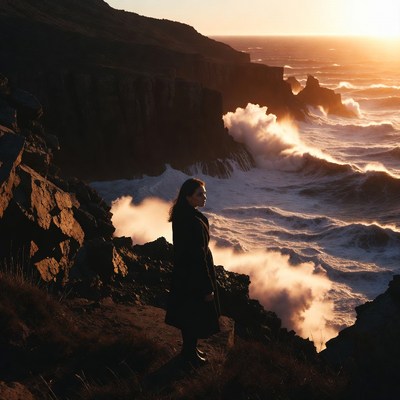 Woman by the ocean at sunset