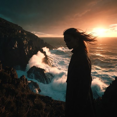 Woman on cliff during sunset