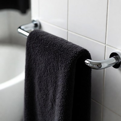 Towel hanging in bathroom setting