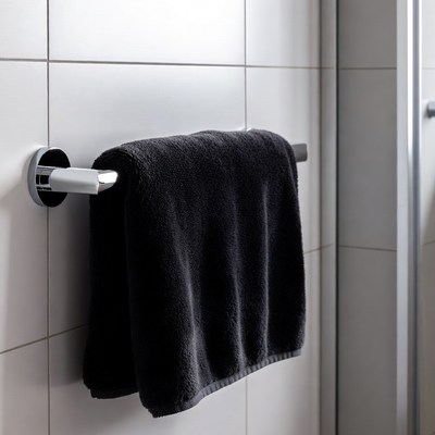 Black towel hanging in bathroom space