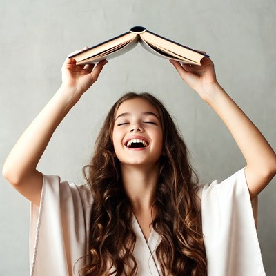 Girl holding book above her head