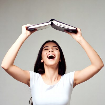 Woman celebrating with a book