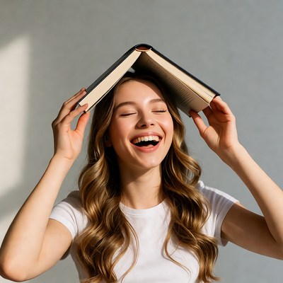 Woman laughing with book on head