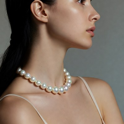 Model displays necklace in studio setting
