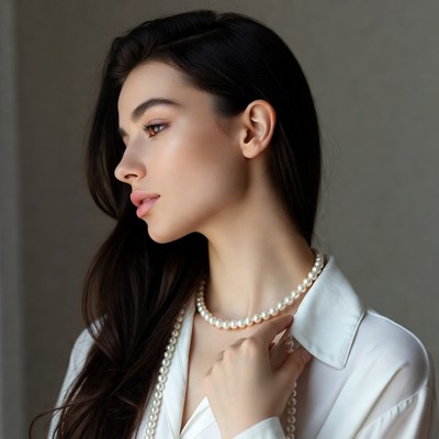 Model in a white shirt poses elegantly