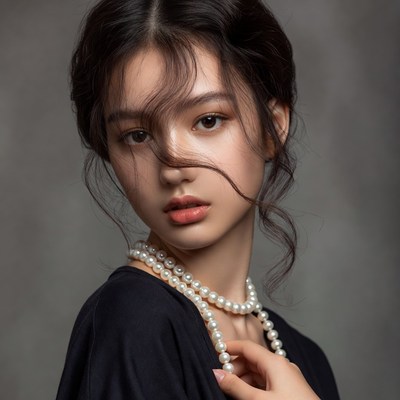 Woman poses with pearls on neck