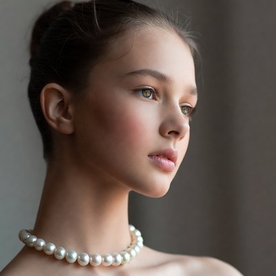 Young woman wearing pearl necklace indoors