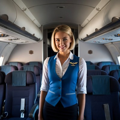 Flight attendant stands in cabin