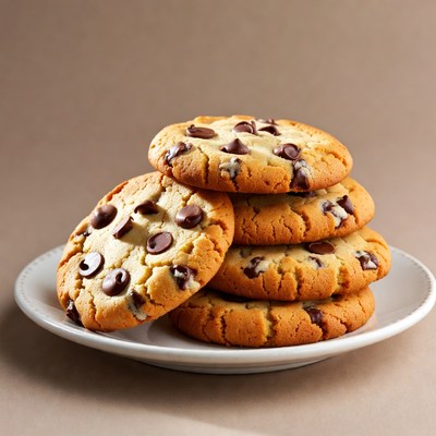 Freshly baked chocolate chip cookies stacked