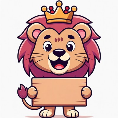 Cute lion character holding sign
