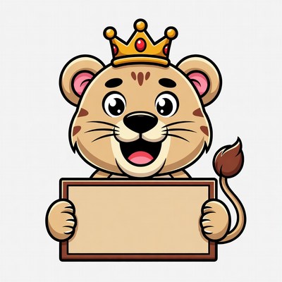 Happy cartoon lion with crown and sign