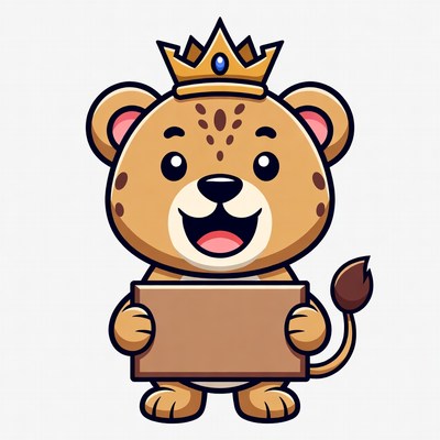 Lion character with a crown holding a sign