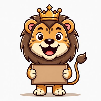 Cute lion character holding sign
