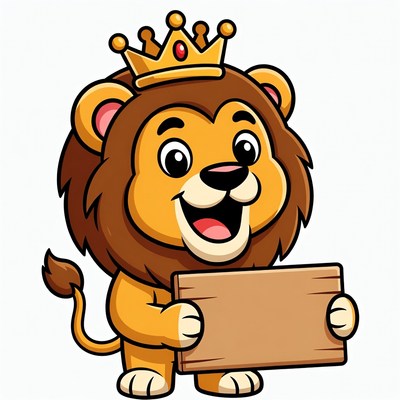 Lion wearing a crown holds a sign
