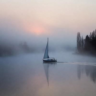 Sailing through morning fog on a calm lake