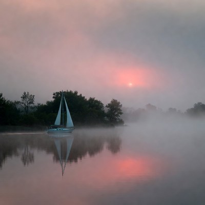 Morning sail on misty water