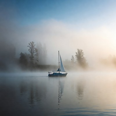 Sailboat on foggy water at sunrise