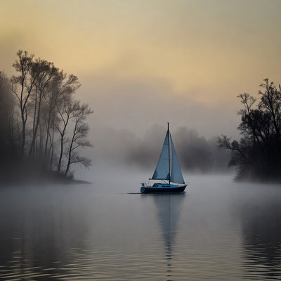 Sailboat on a foggy lake at dawn