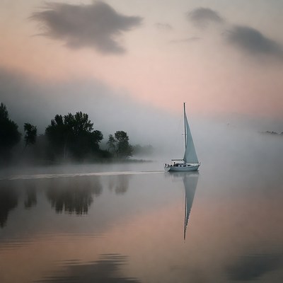 Sailing in morning mist on calm water