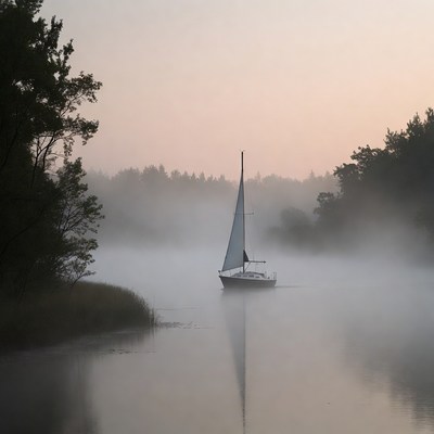 Sailboat on a misty river at dawn